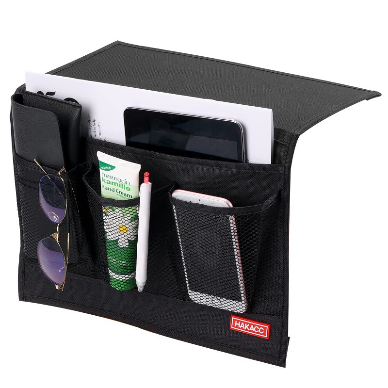 HAKACC Bedside Storage Organizer with Pocketsï¼ŒBedside Caddy,Remote Control Holder Armchair Couch Caddy Sofa Armrest Bagï¼Œbed accessories,Black - Image 1
